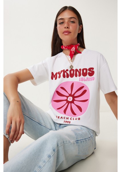 Oversize Baskılı Örme T-Shirt