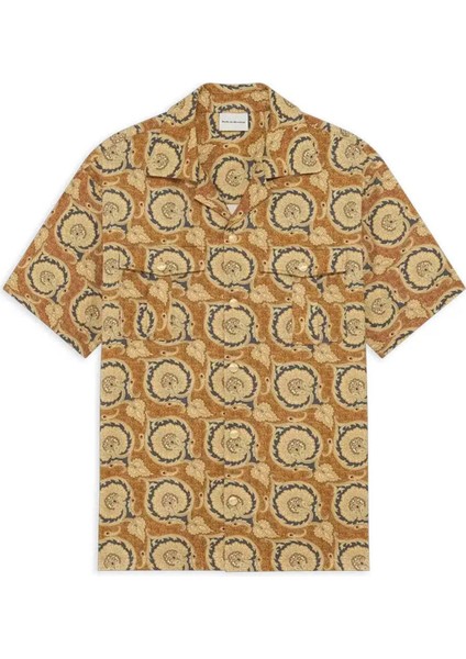 Mustard Renkli %100 Pamuk Paisley Desenli Kısa Kollu Gömlek