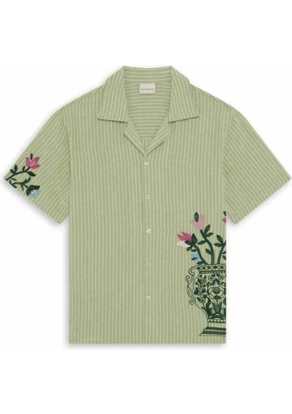 La Chemise Rayée Fleurs: Yeşil Kısa Kollu Çiçek Nakışlı %100 Pamuk Gömlek
