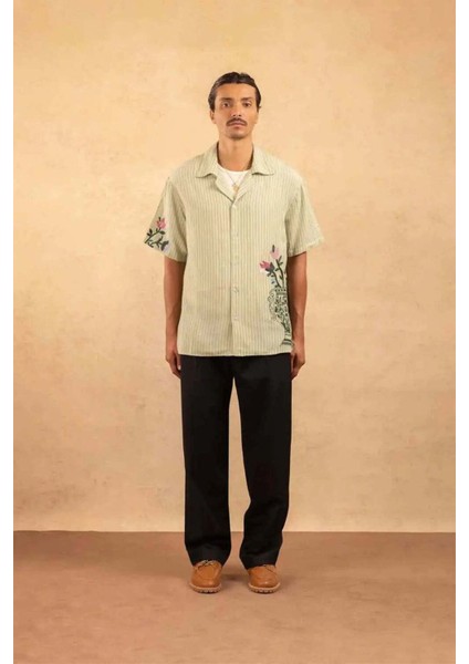 La Chemise Rayée Fleurs: Yeşil Kısa Kollu Çiçek Nakışlı %100 Pamuk Gömlek fiyatları
