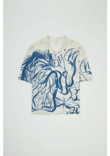Original Eagle Artwork ile Relaxed Fit Domrebel Camp Shirt - %70 Rayon & %30 Tencel