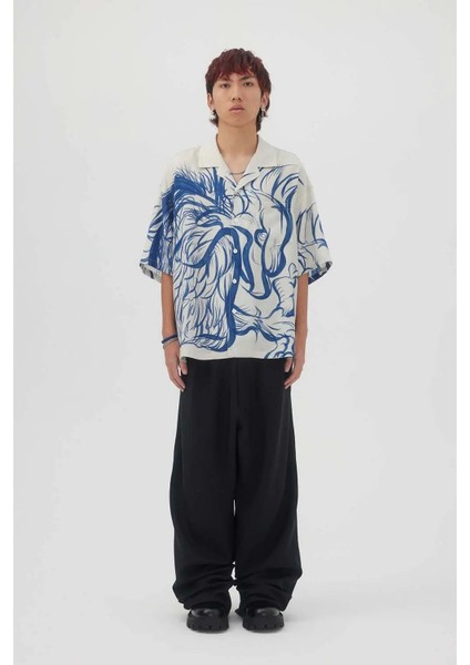 Original Eagle Artwork ile Relaxed Fit Domrebel Camp Shirt - %70 Rayon & %30 Tencel fiyatları