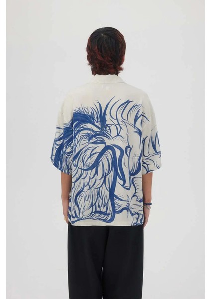 Original Eagle Artwork ile Relaxed Fit Domrebel Camp Shirt - %70 Rayon & %30 Tencel fırsatları