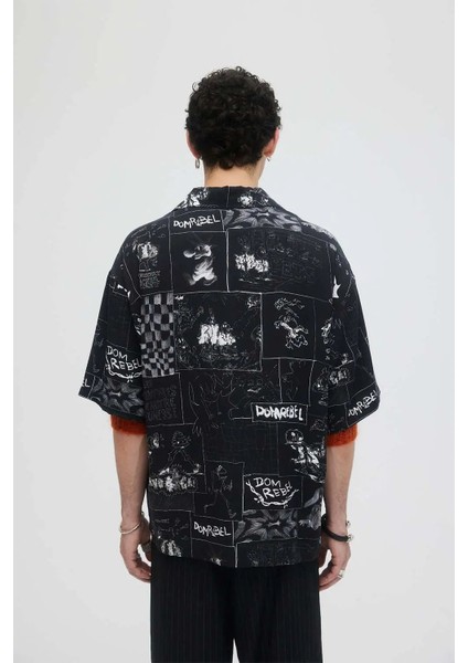 Şık ve Rahat Domrebel Comics Desenli Camp Collar Gömlek - Yumuşak Twill Kumaş fiyatları
