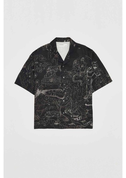 Utopia Camp Yaka Gömlek - Orijinal Sanat Baskılı Rahat Kesim, Ipek Yapılı