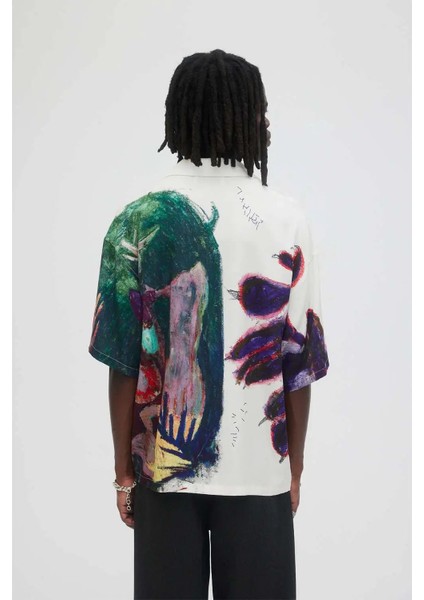 Rahat Fit Creature Camp Collar Shirt - %70 Rayon, %30 Tencel - Sanat Eserleri ile Şık Tasarım fiyatları