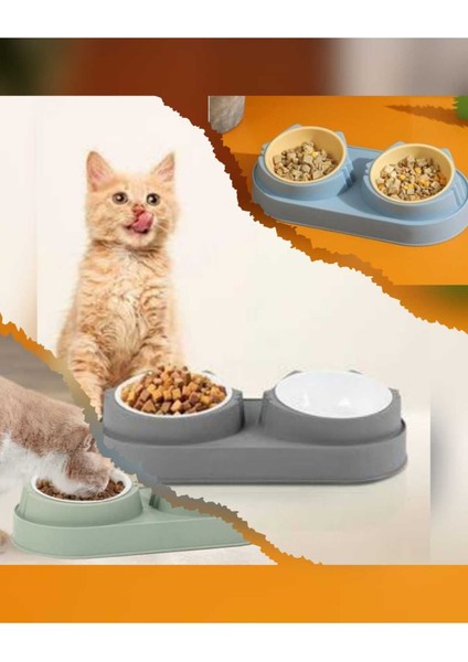 Eğimli Çift Bölmeli Mama ve Su Kabı - Gri, Evcil Hayvanlar Için Pratik ve Şık Tasarım