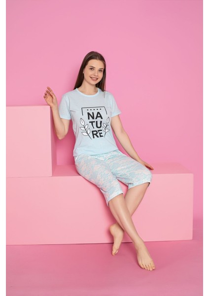 Dreamy Pamuklu Desenli Kısa Kollu Bermuda Kapri Takım