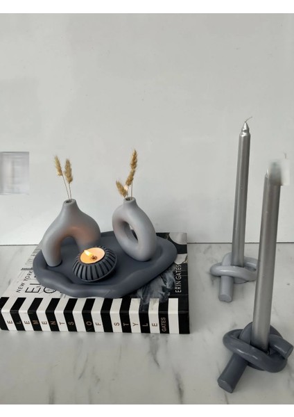 Bohem Tarz 6 Parça Miniboy Vazo Mumluk Tepsi Takım Set Koyu Gri Açık Gri Renkli Hediyelik Dekorasyon Takımı