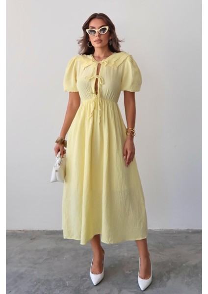 Bağcık Detaylı Beli Büzgülü Müslin Elbise Sarı 9362-E
