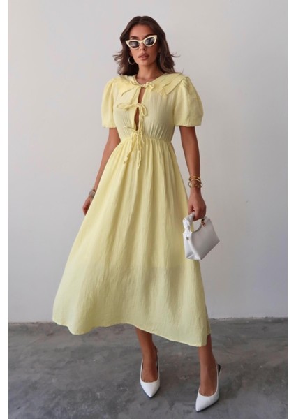 Bağcık Detaylı Beli Büzgülü Müslin Elbise Sarı 9362-E fiyatları