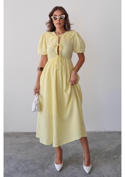 Bağcık Detaylı Beli Büzgülü Müslin Elbise Sarı 9362-E modelleri