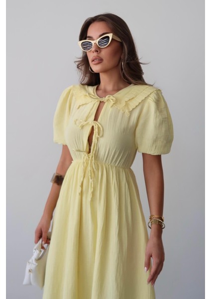 Bağcık Detaylı Beli Büzgülü Müslin Elbise Sarı 9362-E fırsatları