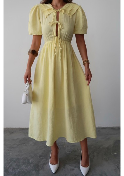 Bağcık Detaylı Beli Büzgülü Müslin Elbise Sarı 9362-E indirimleri