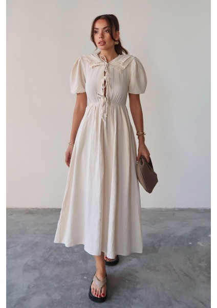 Bağcık Detaylı Beli Büzgülü Müslin Elbise Bej 9362-E