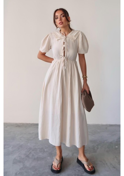 Bağcık Detaylı Beli Büzgülü Müslin Elbise Bej 9362-E fiyatları