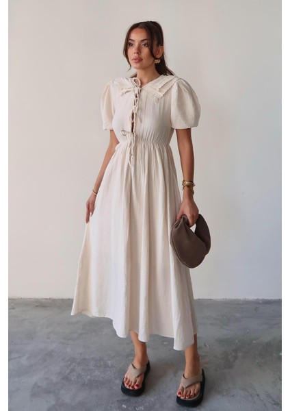 Bağcık Detaylı Beli Büzgülü Müslin Elbise Bej 9362-E modelleri
