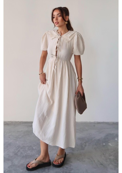Bağcık Detaylı Beli Büzgülü Müslin Elbise Bej 9362-E fırsatları