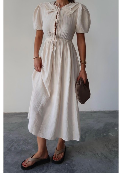 Bağcık Detaylı Beli Büzgülü Müslin Elbise Bej 9362-E indirimleri