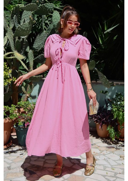 Bağcık Detaylı Beli Büzgülü Müslin Elbise Pembe 9362-E fiyatları