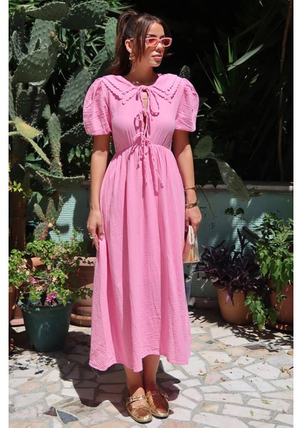 Bağcık Detaylı Beli Büzgülü Müslin Elbise Pembe 9362-E modelleri