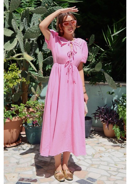 Bağcık Detaylı Beli Büzgülü Müslin Elbise Pembe 9362-E indirimleri