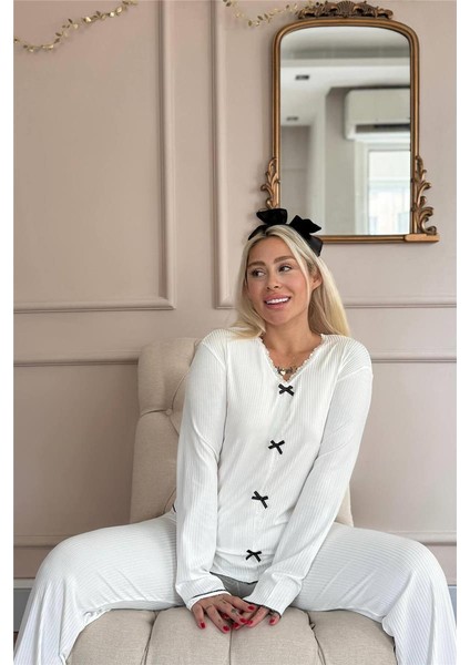 Beyaz Delicato Örme Uzun Kol Kadın Pijama Takımı modelleri