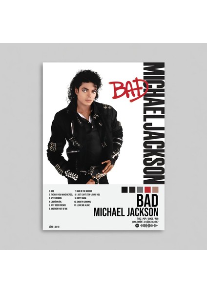 Michael Jackson - Bad Albüm Spotify Çerçeveli - Çerçevesiz Poster Tablo