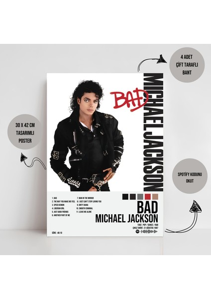 Michael Jackson - Bad Albüm Spotify Çerçeveli - Çerçevesiz Poster Tablo fiyatları