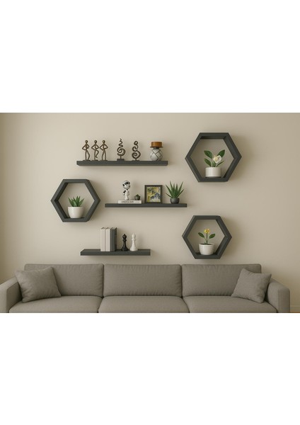 Dekoratif Altıgen Duvar Rafı/kitaplık (Antrasit)