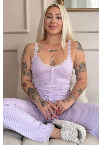 Lila Sogno Örme Dantel Askılı Kadın Pijama Takımı