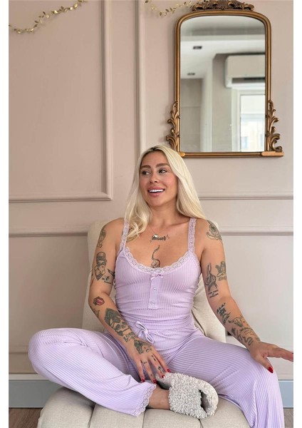 Lila Sogno Örme Dantel Askılı Kadın Pijama Takımı modelleri
