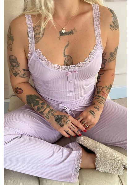 Lila Sogno Örme Dantel Askılı Kadın Pijama Takımı fırsatları