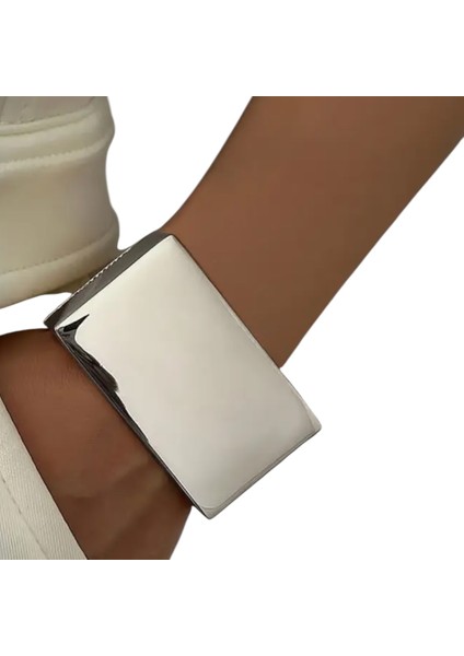 Gümüş Kaplama Çelik Geniş Kadın Kelepçe Bileklik