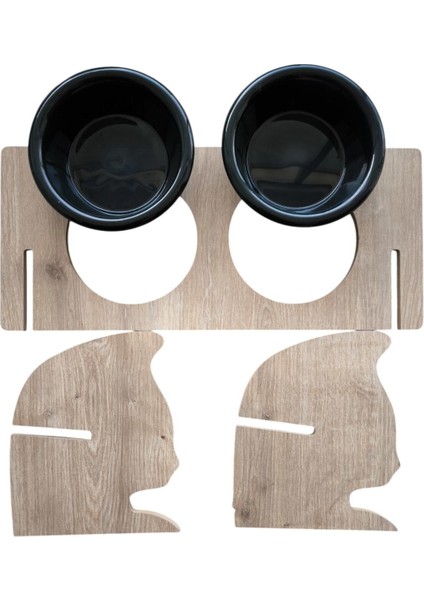 Renkli Ahşap ve Plastik Kedi Köpek Mama ve Su Kabı Seti Siyah