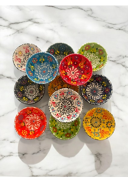 Dekoratif Lale Işlemeli Çini Seramik Sosluk - Çerezlik - Kahvaltılık 12 Adet