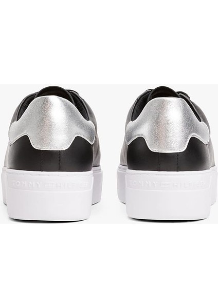 Kadın Metalik Detaylı Platform Tabanlı Kort Sneaker - Siyah fırsatları