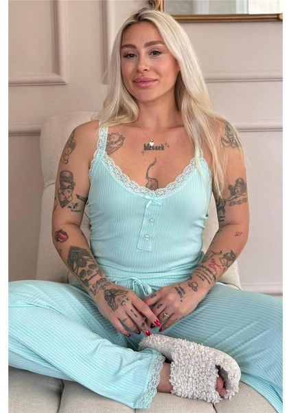 Mint Sogno Örme Dantel Askılı Kadın Pijama Takımı