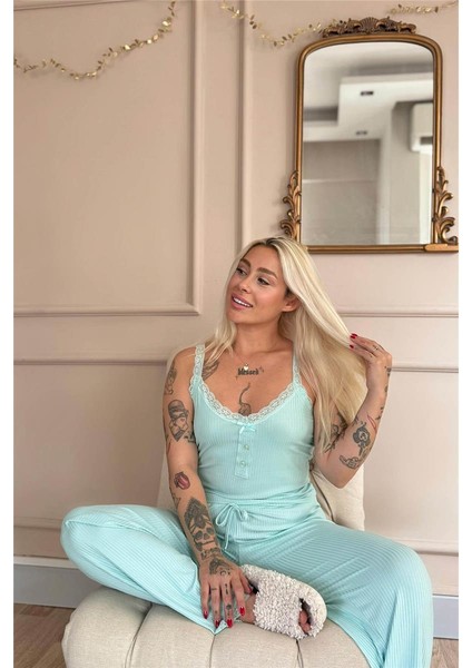 Mint Sogno Örme Dantel Askılı Kadın Pijama Takımı modelleri