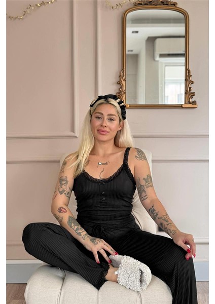 Siyah Sogno Örme Dantel Askılı Kadın Pijama Takımı fiyatları