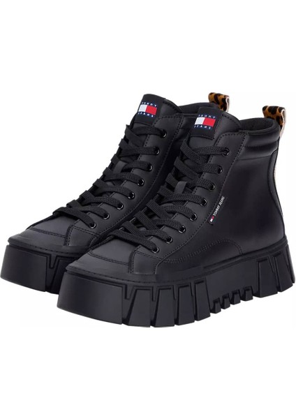 Kadın Leopar Detaylı Platform Tabanlı Bilekli Sneaker - Siyah