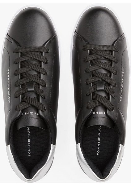 Kadın Metalik Detaylı Platform Tabanlı Kort Sneaker - Siyah indirimleri