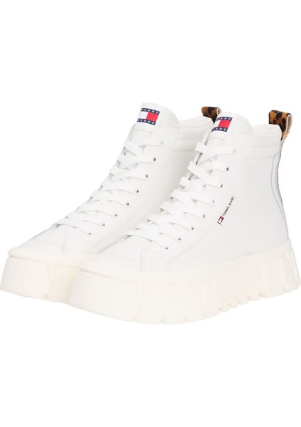 Kadın Leopar Detaylı Platform Tabanlı Bilekli Sneaker - Ekru