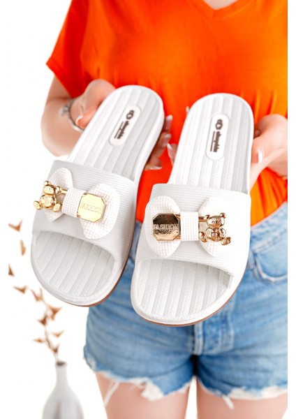 Kadın Terlik Beyaz Kaydırmaz Su Geçirmez Şık Ev Dışarı Plaj Yazlık Günlük Terlik