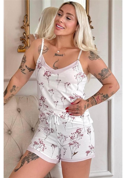 Rose Petal Desenli Ip Askılı Şortlu Bambu Kadın Pijama Takımı