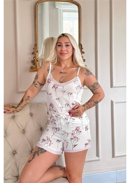 Rose Petal Desenli Ip Askılı Şortlu Bambu Kadın Pijama Takımı modelleri