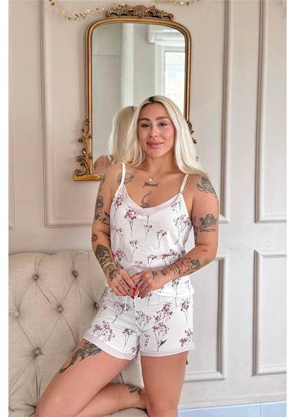 Rose Petal Desenli Ip Askılı Şortlu Bambu Kadın Pijama Takımı fırsatları