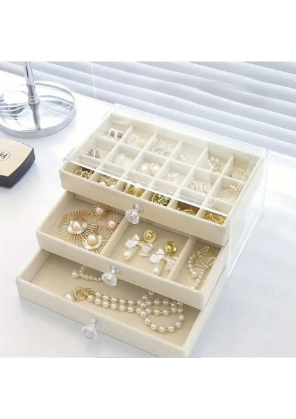Şık Akrilik Takı Organizatörü 3 Katmanlı Kadife Takı Kutusu(18+18+1 Bölmeli)