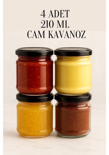 4 Adet 210 ml Metal Konserve Kapaklı Mama Yoğurt Saklama 210 cc Şeffaf Cam Kavanoz