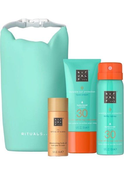The Ritual Of Karma Deneme Seti Spf 30, Yüz Kremi, Güneş Spreyi, Vücut Yağı ve Su Geçirmez Çanta